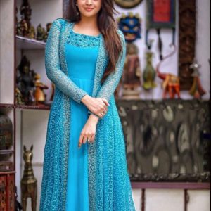 Impressive Georgette Blue Colour Chain Stitch Work Indian Gown
