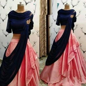 Peach And Royal Navy Blue Color Silk Lehenga Choli