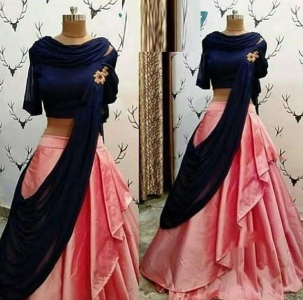 Peach And Royal Navy Blue Color Silk Lehenga Choli