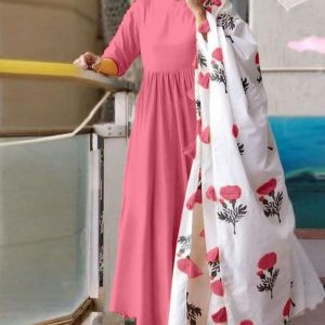 luxurious Baby PInk Color Kurti With Floral White Color plazo dupatta