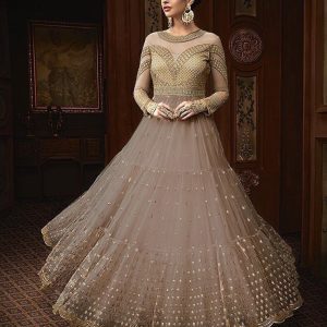 Arresting beige Colour Net With Embroidereded Festival Wear Gown