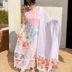 Indo Era Pink Georgette Embroidery And Digital Print Kurti With Pant