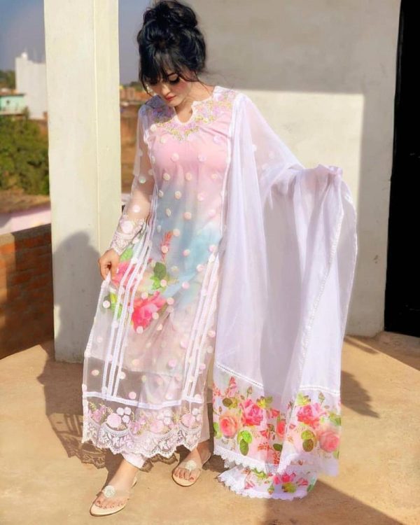 Indo Era Pink Georgette Embroidery And Digital Print Kurti With Pant