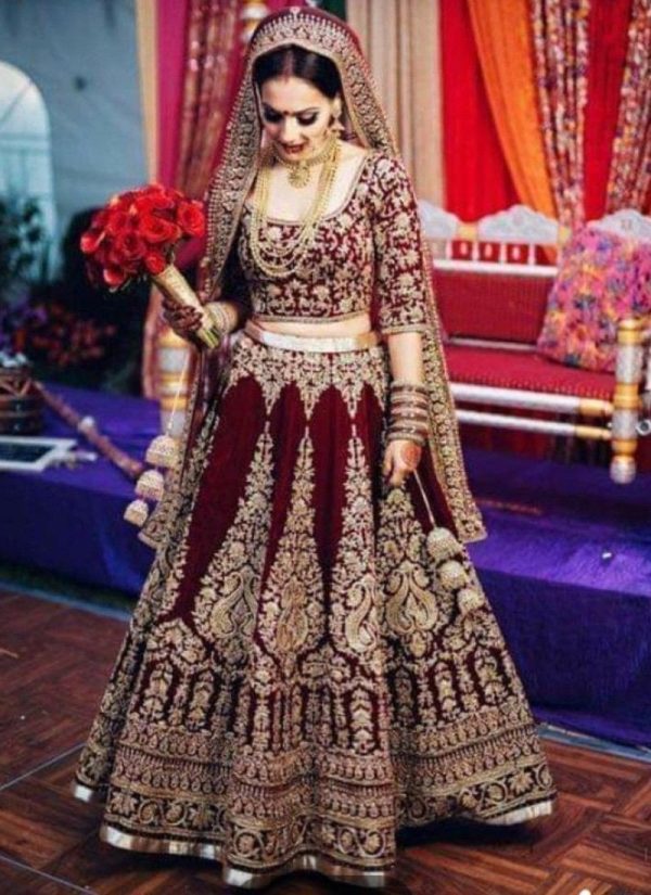 Stylee Lifestyle Charming Maroon Colour Makhmal Silk Bridal Lehenga Choli