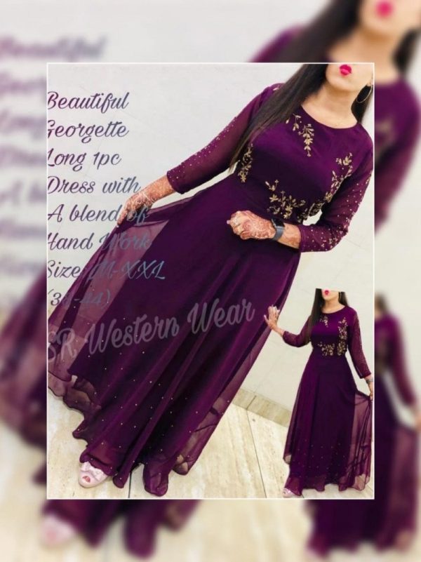 Flamboyant Georgette Purple Color Embridered Moti Work Gown
