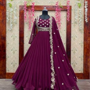 All functional embroidered Work Wine Color Gown With Dupatta