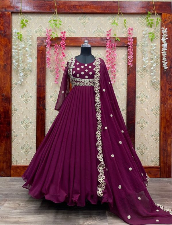 All functional embroidered Work Wine Color Gown With Dupatta