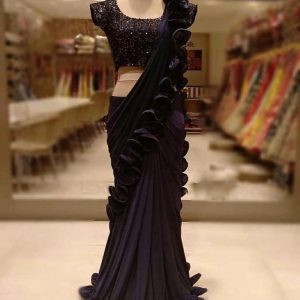 Black Color Georgette Frill Ruffled Saree With Heavy Sequence Blouse