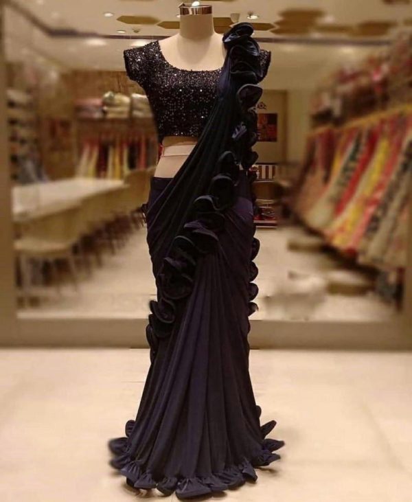 Black Color Georgette Frill Ruffled Saree With Heavy Sequence Blouse