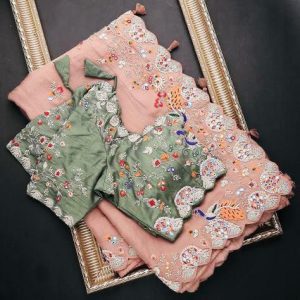 Party Wear Peach Color Latest Saree