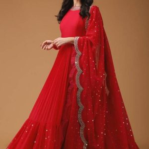 Beautiful Georgette Embroidery Red Color Anarkali Suit