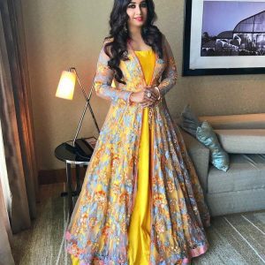 All functional Yellow Color Taffeta Gown