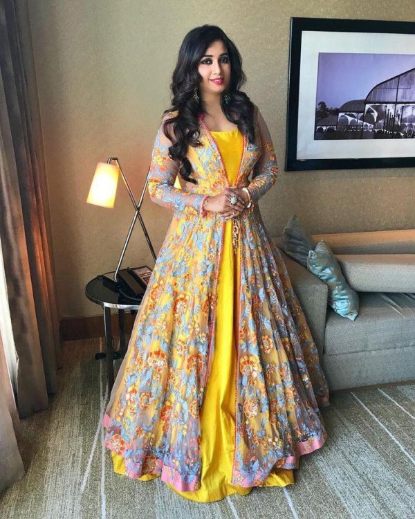 All functional Yellow Color Taffeta Gown
