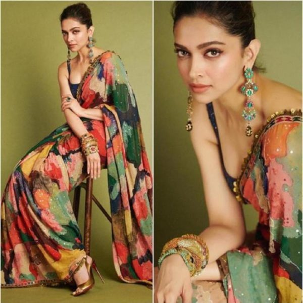 Deepika Padukone Wear Embroidery Work Printed Multi Color Saree