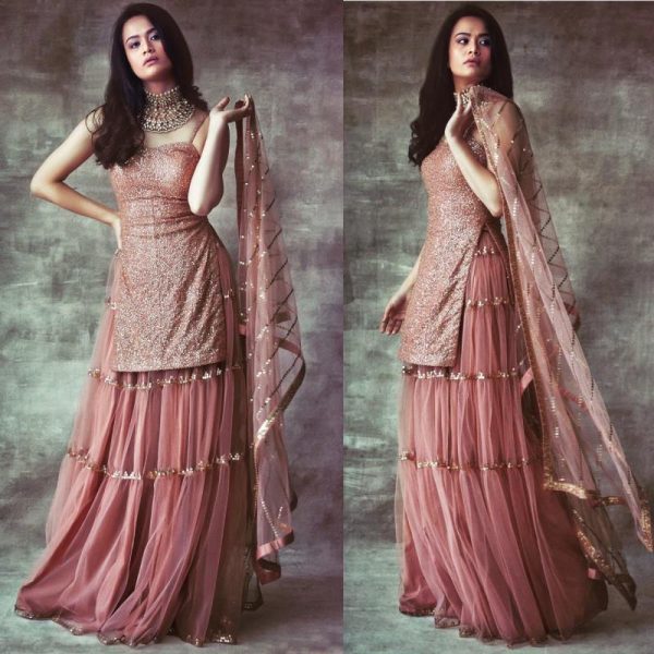 All functional Wear Brown Color Sharara Suit