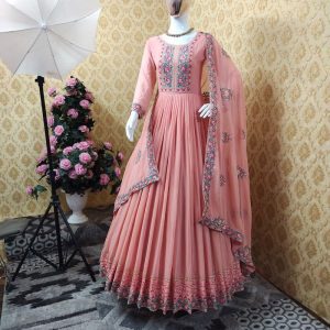 All functional Peach Color Embroidery Work Gown