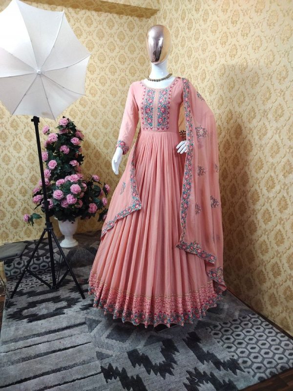 All functional Peach Color Embroidery Work Gown
