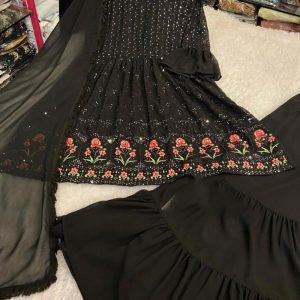 luxurious Black Color Chine Sequence Work Georgette Sharara Suit