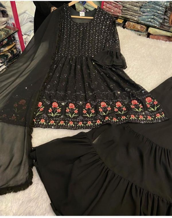 luxurious Black Color Chine Sequence Work Georgette Sharara Suit