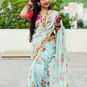 excellent Turquoise Woven Checks Poly Silk Saree