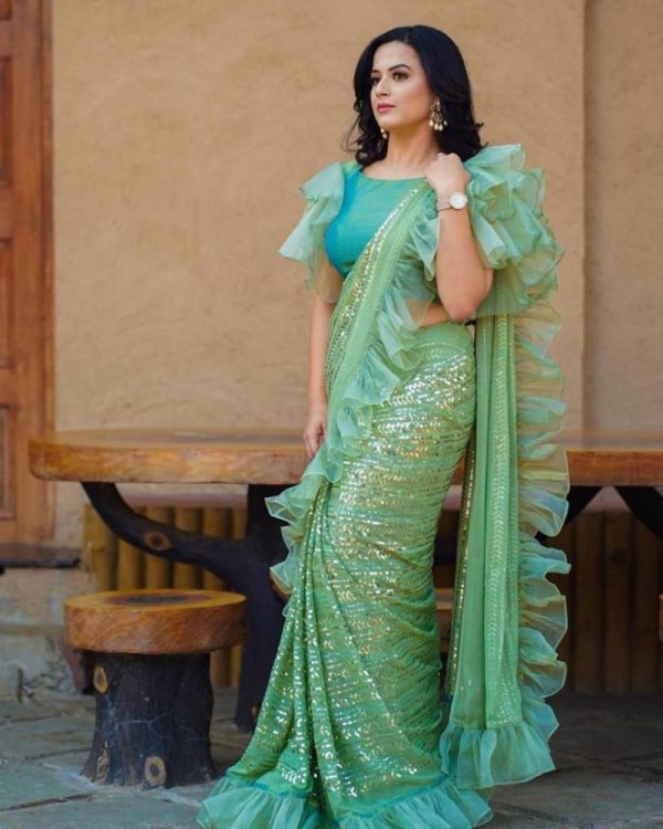 Party Wear Green Color Sequence Work Ruffle Saree