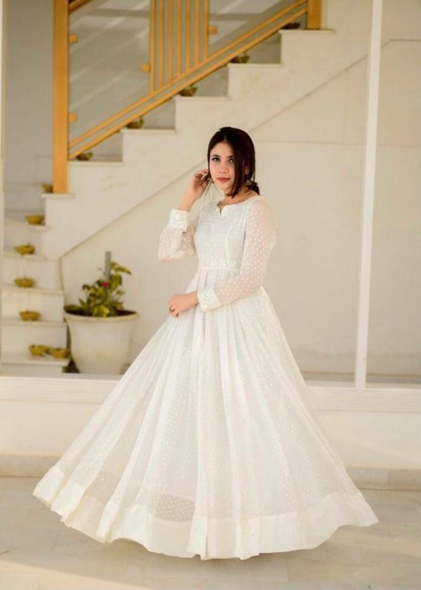 White Color Embroidery Work Gown