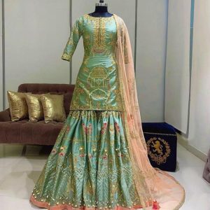 Flirty Casual Wear Golden Thread Embroidereded Pista Sharara Suit