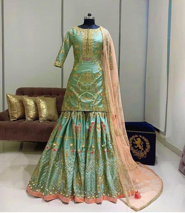 Flirty Casual Wear Golden Thread Embroidereded Pista Sharara Suit