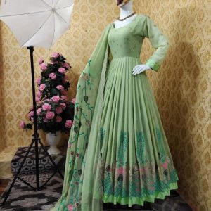 All functional green Color Full Sleeve Gown With Dupatta