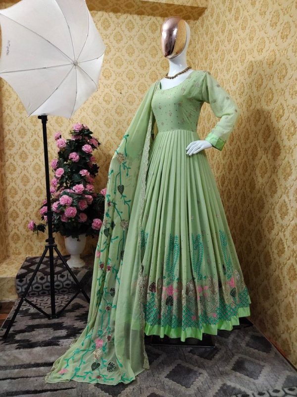 All functional green Color Full Sleeve Gown With Dupatta