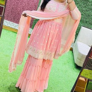 Attractive Color Heavy Embroidery Work Sharara Suit