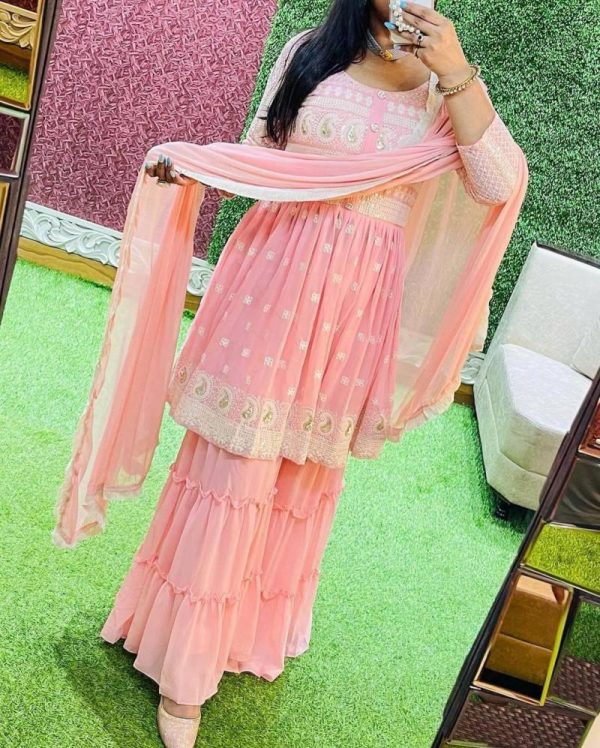 Attractive Color Heavy Embroidery Work Sharara Suit