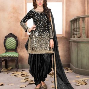 Flamboyant Black Taffeta Silk Heavy Mirror Work Patiyala Dress