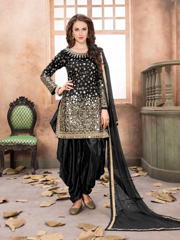 Flamboyant Black Taffeta Silk Heavy Mirror Work Patiyala Dress