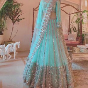 Trendy asmani Blue Foil Work Net Functional Wear Lehenga Choli