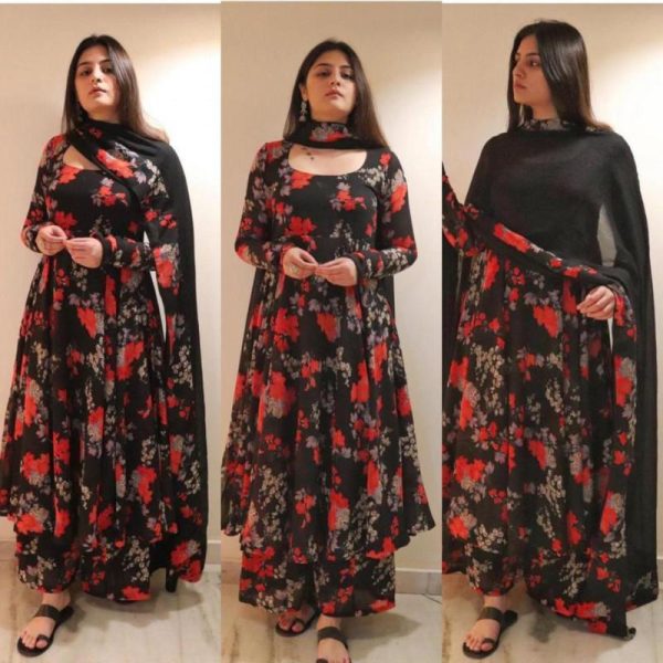 luxurious Black Color Georgette Floral Printed Plazzo Suit