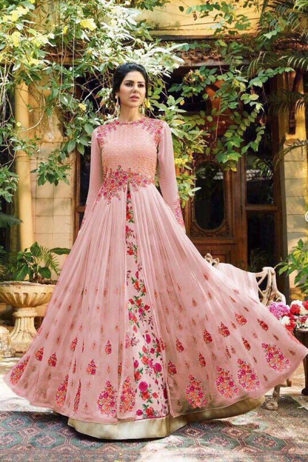 Blissful Georgette Light Pink Heavy Embroidered Long Gown