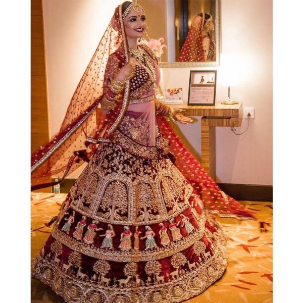 Maroon 9000 Velvet Hand And Stone Work With Double Dupatta Bridal Lehenga Choli