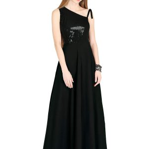 Black Satin Organza Embroidered Gown