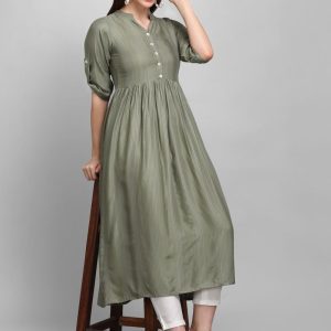 Most Demanded Frock Style Light Green Heavy Rayon 3-4 Sleeves Kurti
