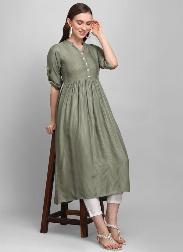 Most Demanded Frock Style Light Green Heavy Rayon 3-4 Sleeves Kurti