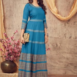 Sky Blue Printed Long Frill Kurti