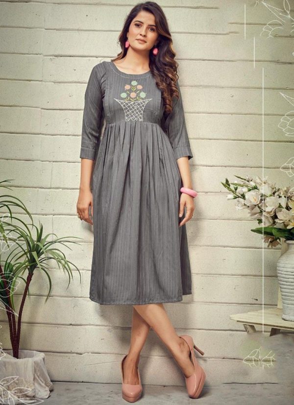 Casual Wear Frock Style Kurti In Grey