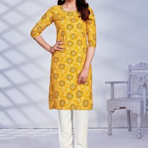 Rayon Embroidery Work Kurti In Yellow