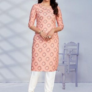 Peach Rayon Hand Work Kurti For Women
