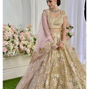 Outstanding Sequence Embroidery Golden Color Soft Mono Net Lehenga