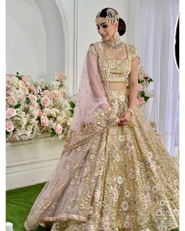 Outstanding Sequence Embroidery Golden Color Soft Mono Net Lehenga