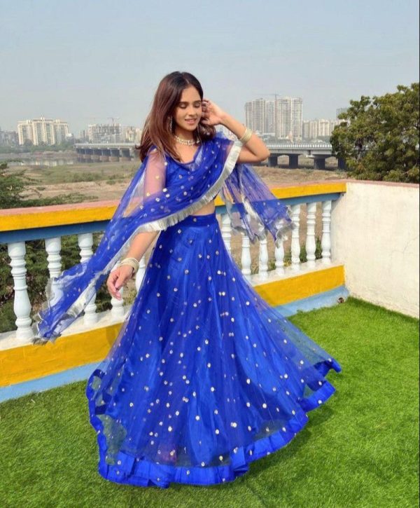 Impressive Blue Color Sequence Work Soft Mono Net Choli