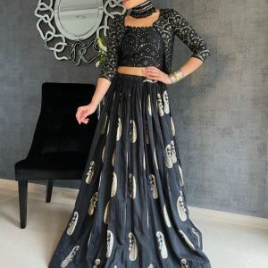Black Color Chain Stich Sequnce Work Classy Lehenga With Koti