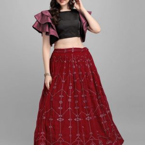 Stunning Maroon Color Embroidery Work Lehenga